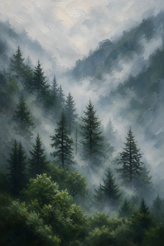 Misty Pine Forest | 3D Sculpted Metal Poster