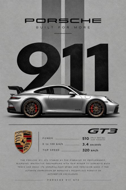 Porsche 911 GT3 | 3D Sculpted Metal Poster