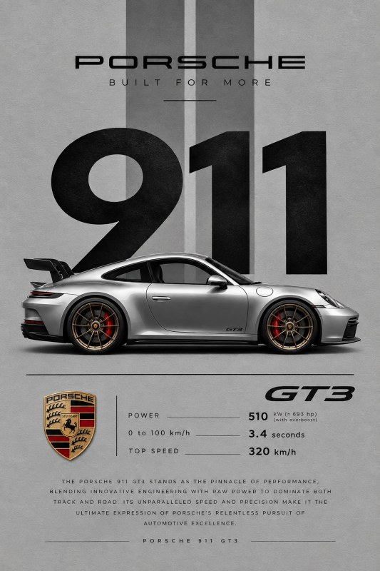Porsche 911 GT3 | 3D Sculpted Metal Poster